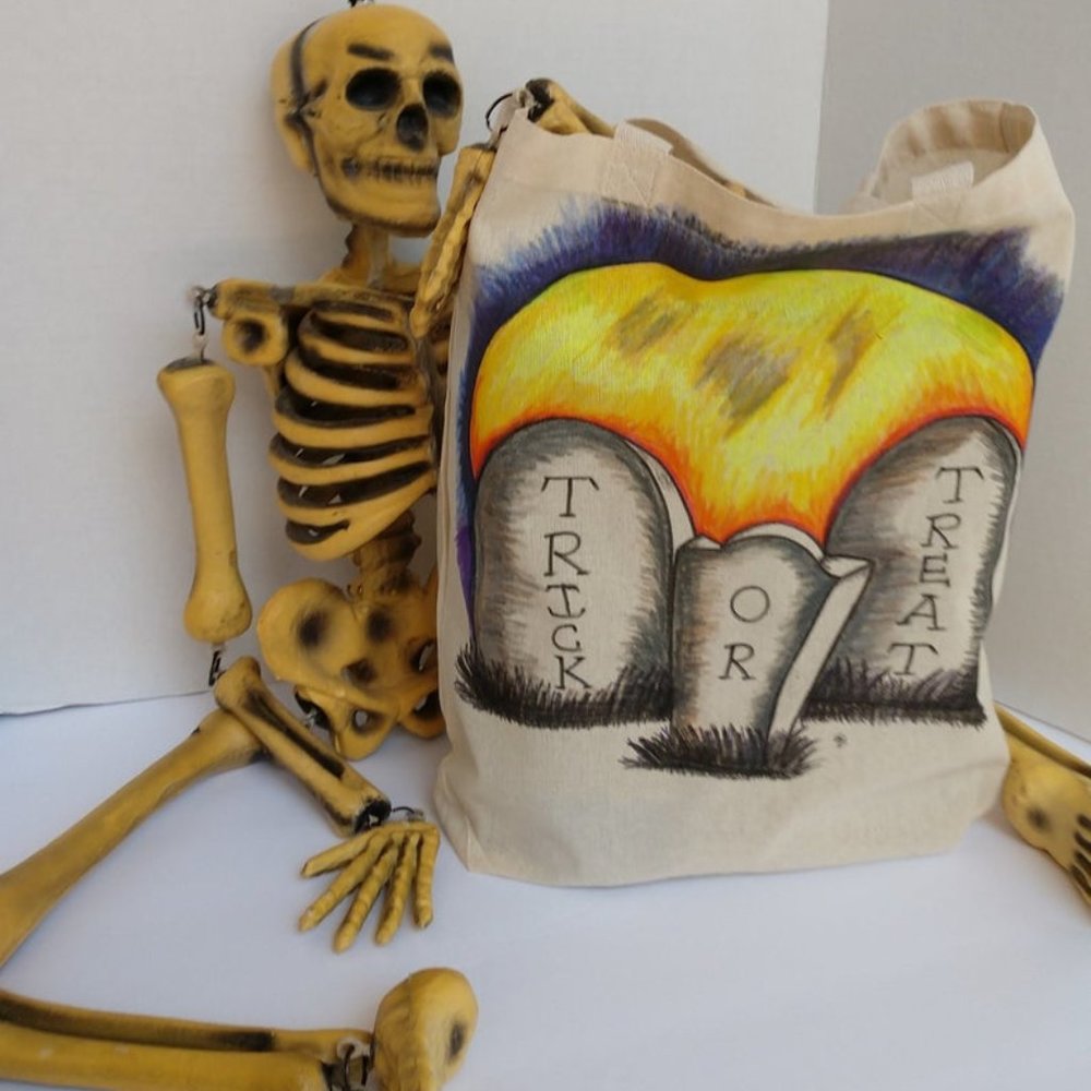 Hand Painted Halloween Tote Bag: Spooky Graveyard Trick Or Treat Bag